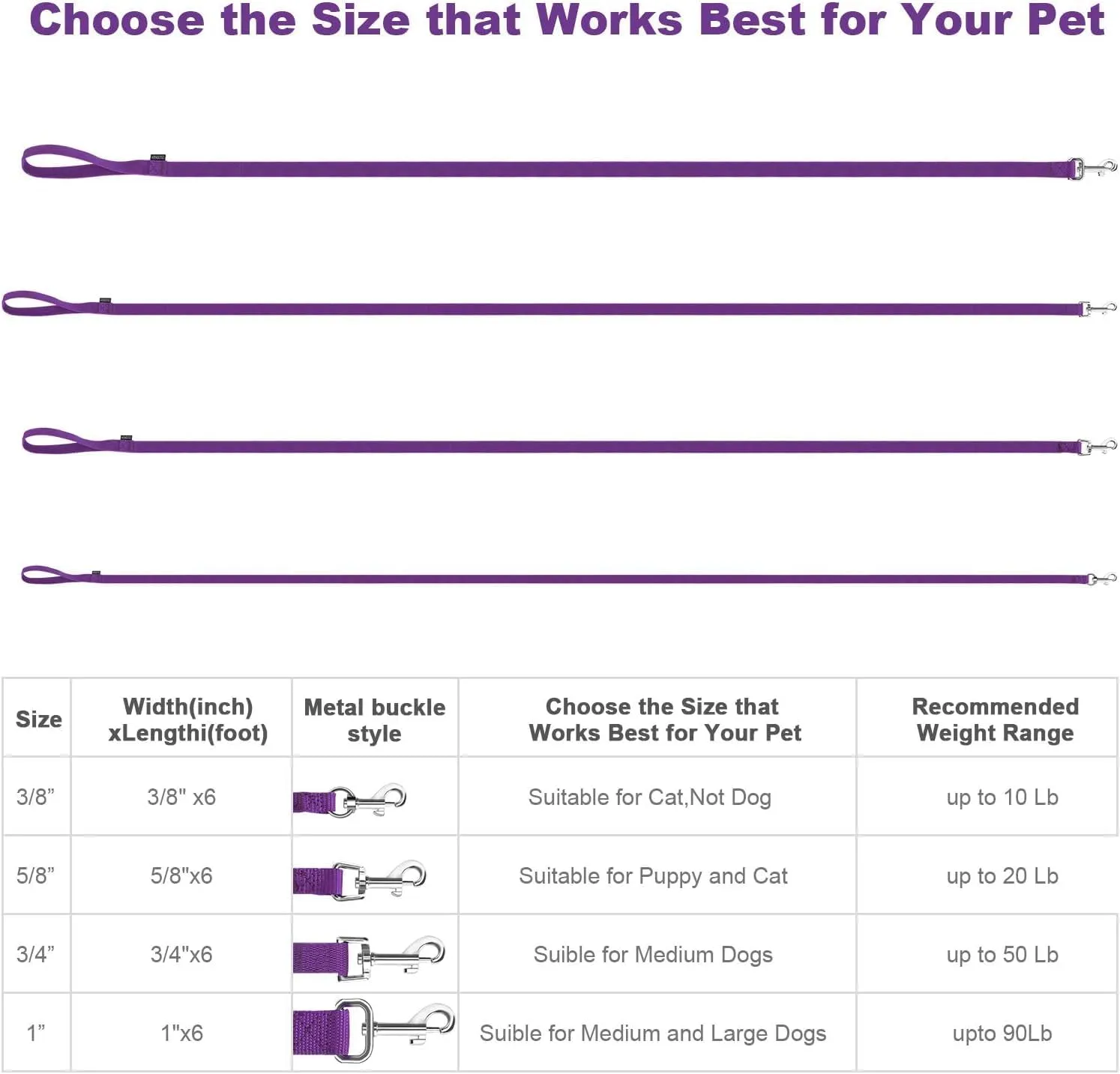 AMAGOOD 6 FT Puppy/Leash, Strong Traditional Style with Easy to Use Collar Hook, Great for Small, Medium and Large Dogs (5/8in x 6 ft, Purple)
