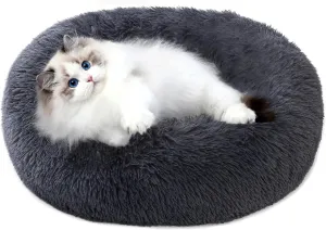 Calming Dog Bed for Small Dogs, 23 inches Anti-Slip Round Fluffy Plush Faux Fur Small Pet Bed, Donut Washable Large Cat Bed, Fits up to 25 lbs Pets, Deep Blue