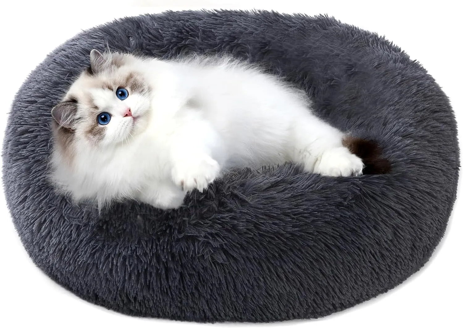 Calming Dog Bed for Small Dogs, 23 inches Anti-Slip Round Fluffy Plush Faux Fur Small Pet Bed, Donut Washable Large Cat Bed, Fits up to 25 lbs Pets, Deep Blue