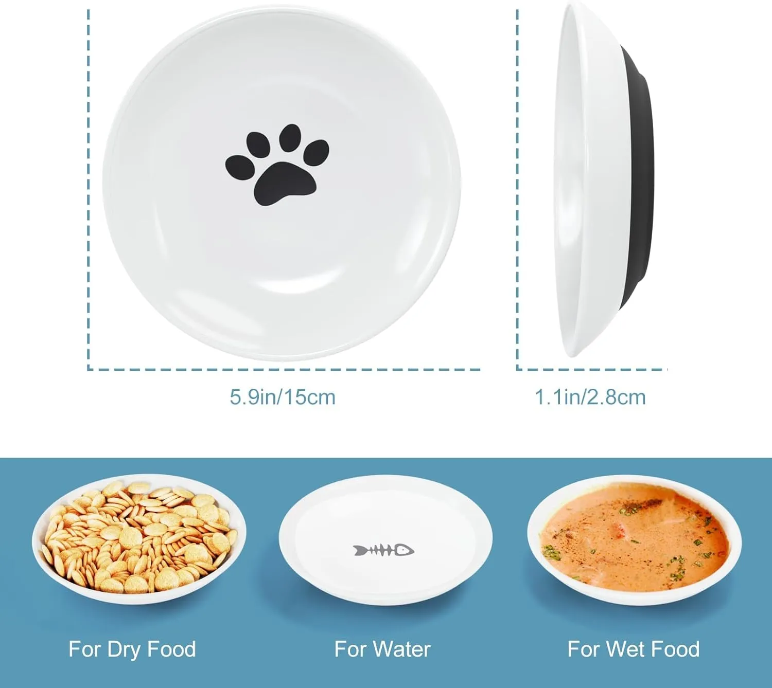 Cat Food Bowls, Ceramic Shallow cat Food Dish for Indoor Cats with Non-Slip Silicone Bottom 3 Piece Set for Kitten Eating and Drinking Anti-Whisker Fatigue (Ferrous)