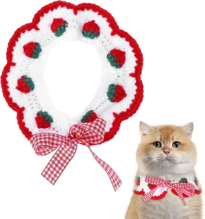 Cat Knitted Collar Breakaway Cat Collar with Cute Bow Tie and Strawberr Handmade Knitting Collar for Cats and Small Dogs Puppie