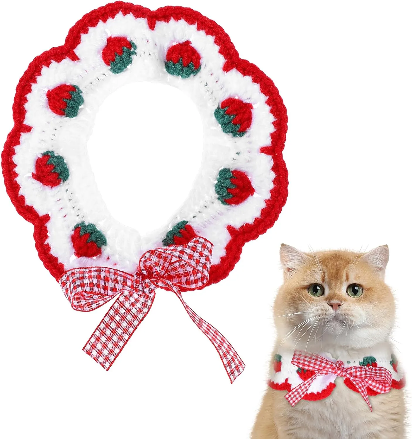 Cat Knitted Collar Breakaway Cat Collar with Cute Bow Tie and Strawberr Handmade Knitting Collar for Cats and Small Dogs Puppie