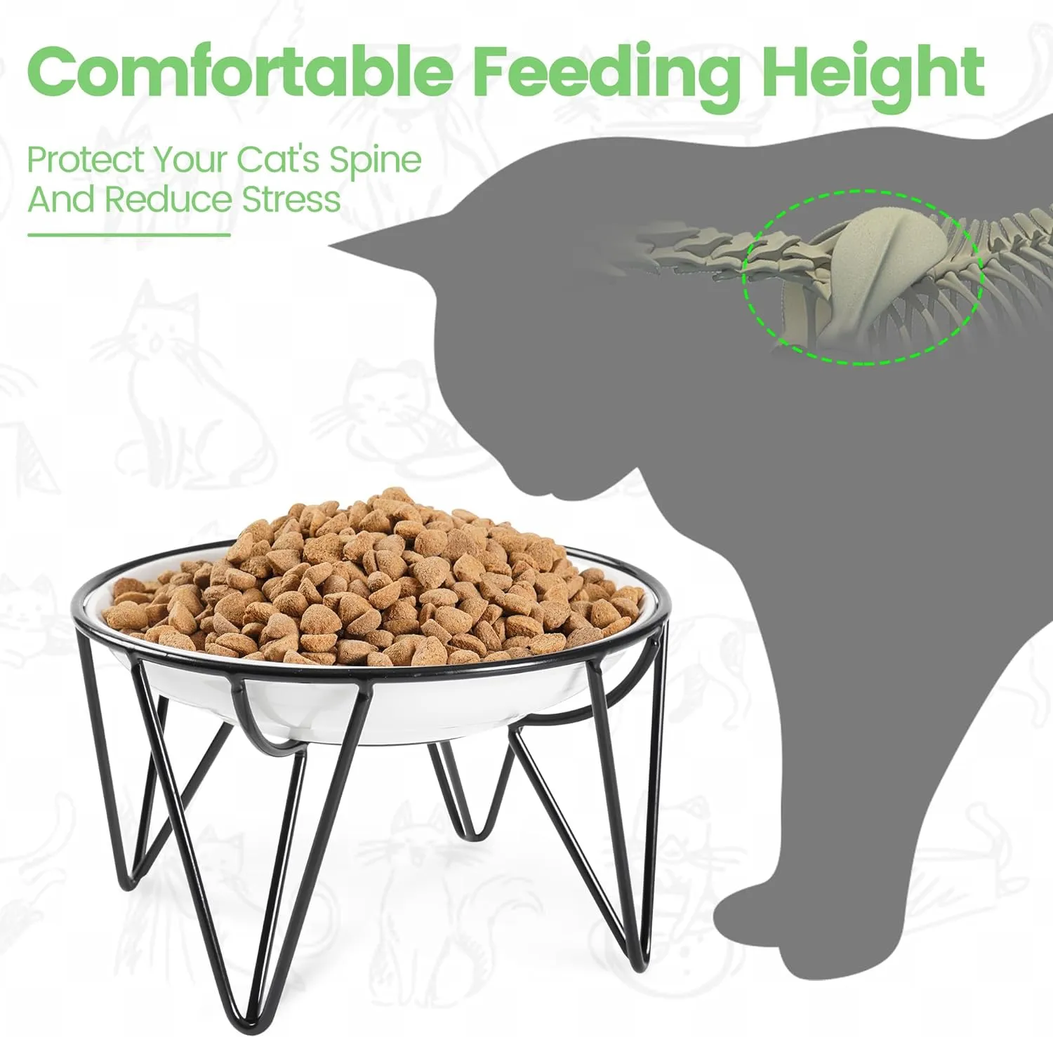 Ceramic Cat Bowls, 2 Pack - Raised, Whisker Friendly, Anti-Vomiting Cat Food Plates - Hygienic, Secure Material, Elegant Stand, 10 oz, for Indoor Cats & Kittens