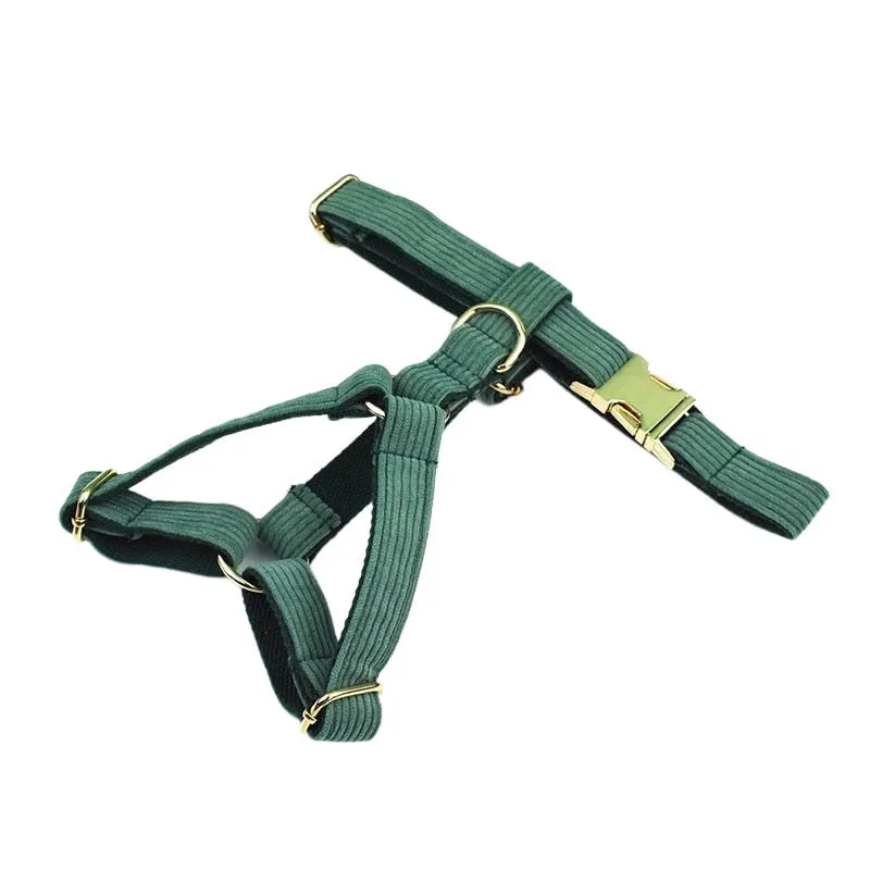 Dark Green Corduroy Dog Collar And Leash Set With Engraved Nameplate
