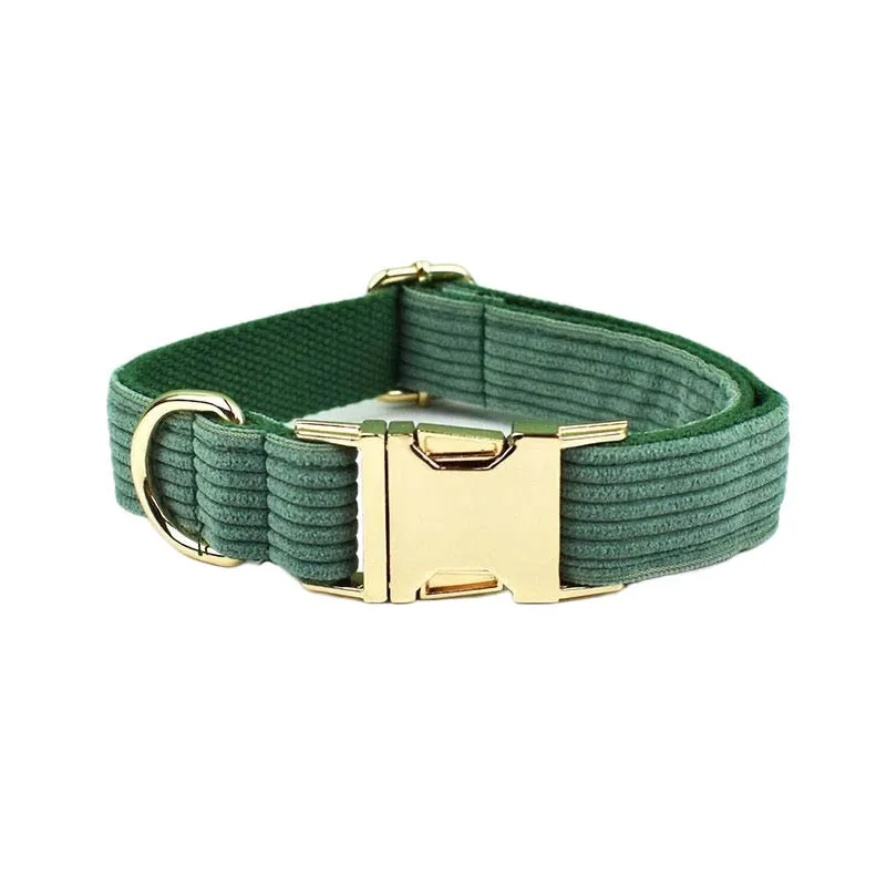 Dark Green Corduroy Dog Collar And Leash Set With Engraved Nameplate