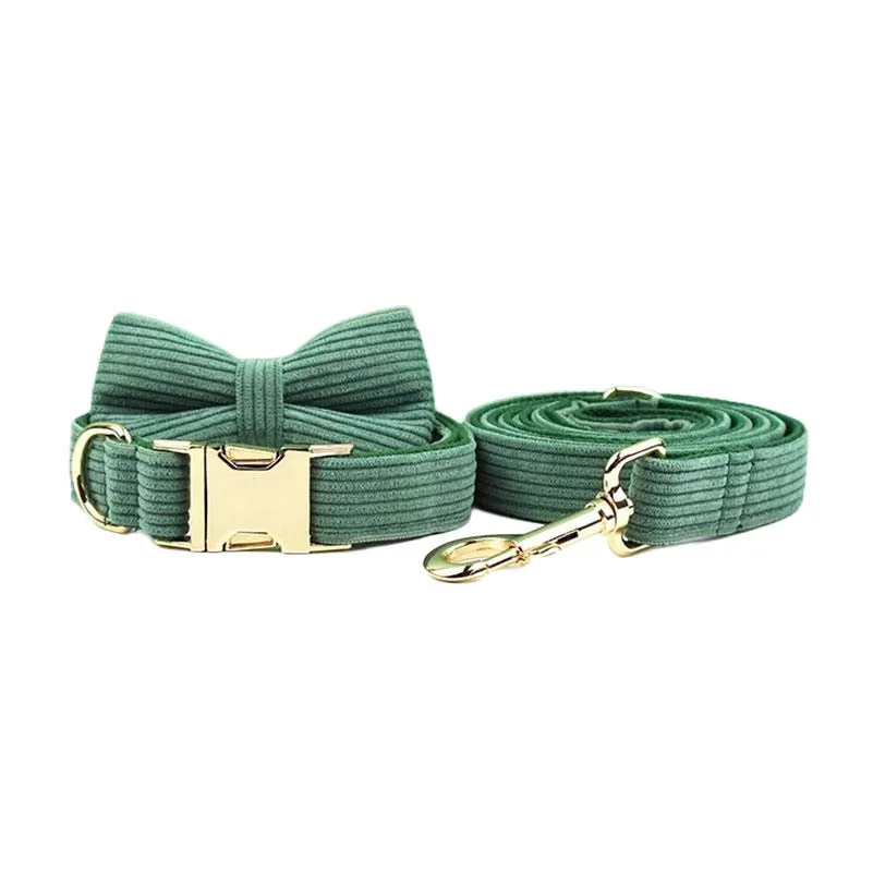Dark Green Corduroy Dog Collar And Leash Set With Engraved Nameplate