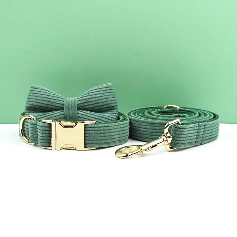 Dark Green Corduroy Dog Collar And Leash Set With Engraved Nameplate