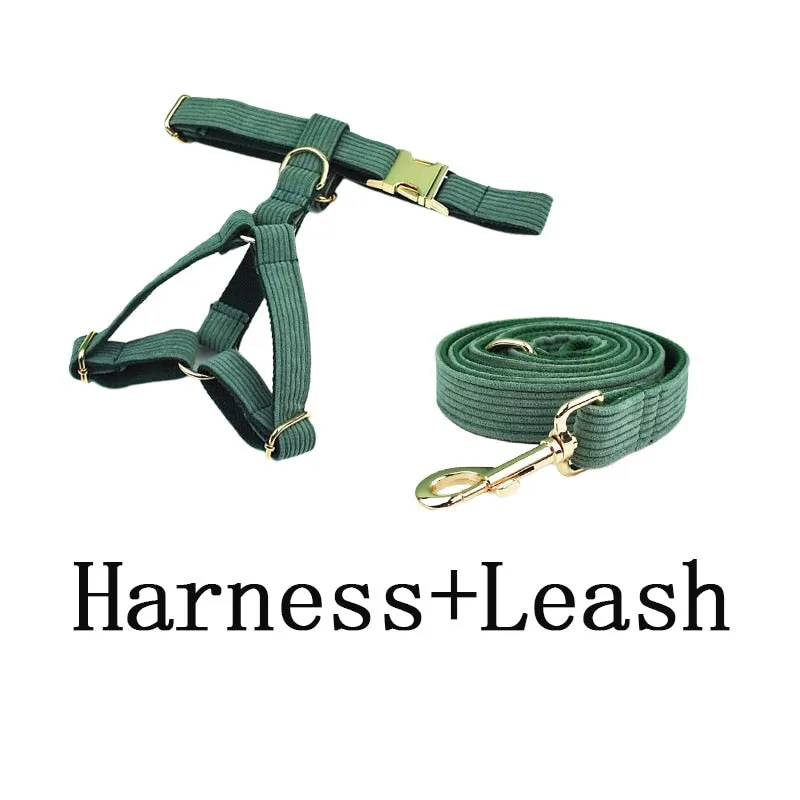 Dark Green Corduroy Dog Collar And Leash Set With Engraved Nameplate