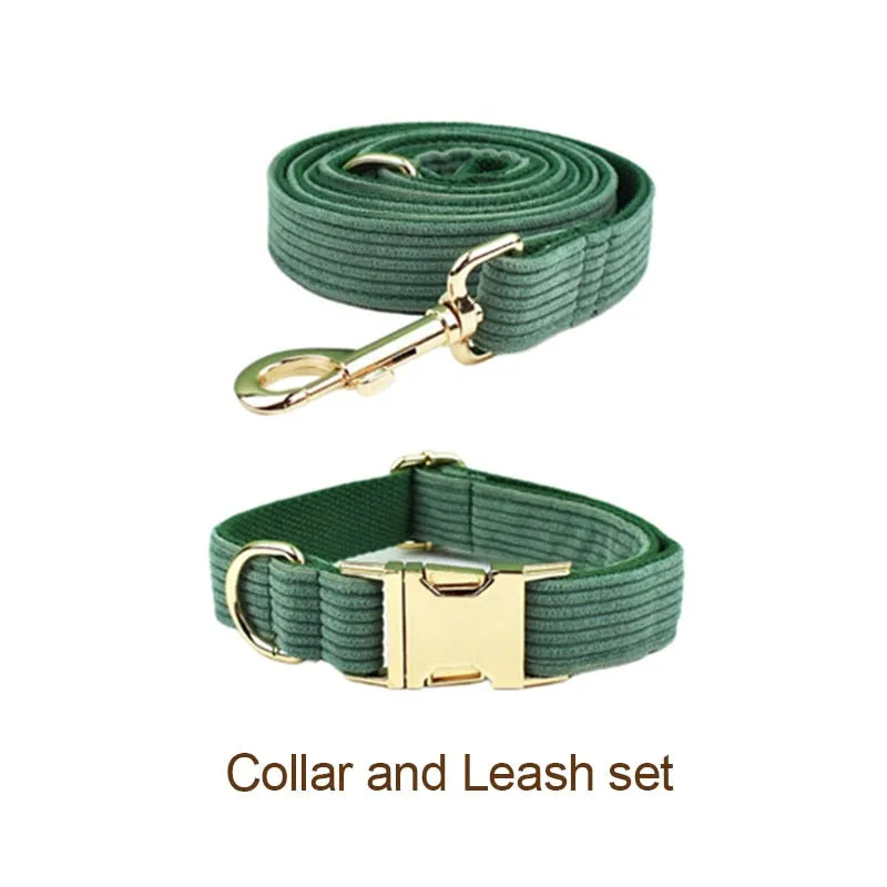 Dark Green Corduroy Dog Collar And Leash Set With Engraved Nameplate