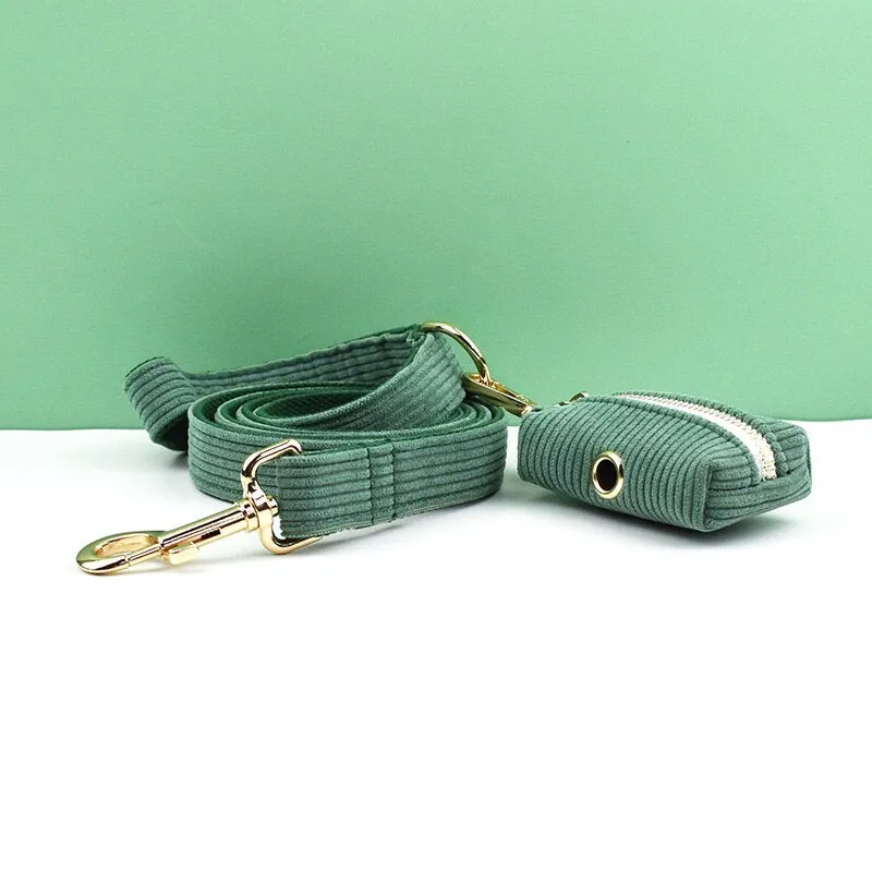 Dark Green Corduroy Dog Collar And Leash Set With Engraved Nameplate
