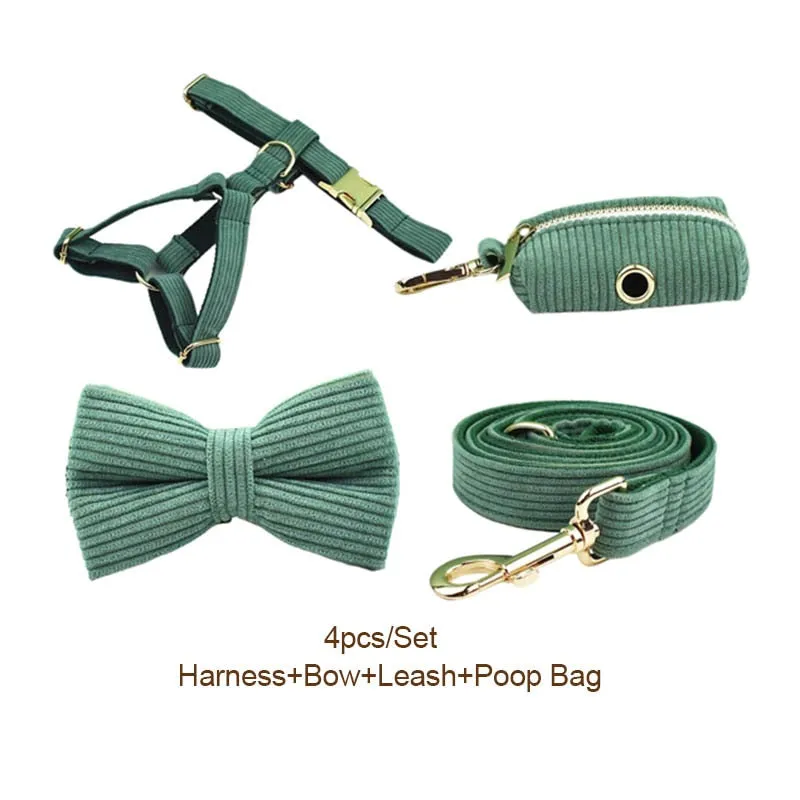 Dark Green Corduroy Dog Collar And Leash Set With Engraved Nameplate