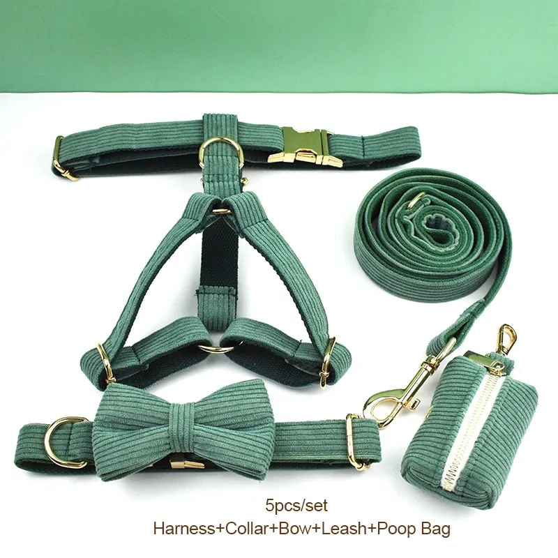 Dark Green Corduroy Dog Collar And Leash Set With Engraved Nameplate