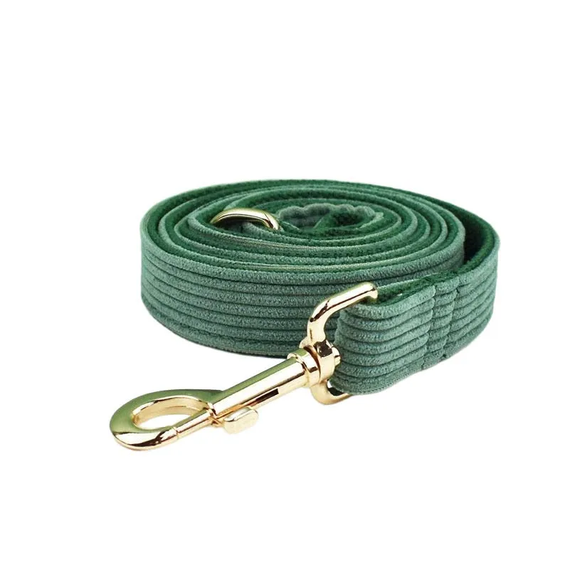 Dark Green Corduroy Dog Collar And Leash Set With Engraved Nameplate