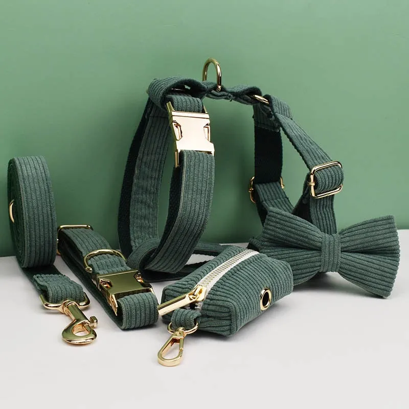 Dark Green Corduroy Dog Collar And Leash Set With Engraved Nameplate