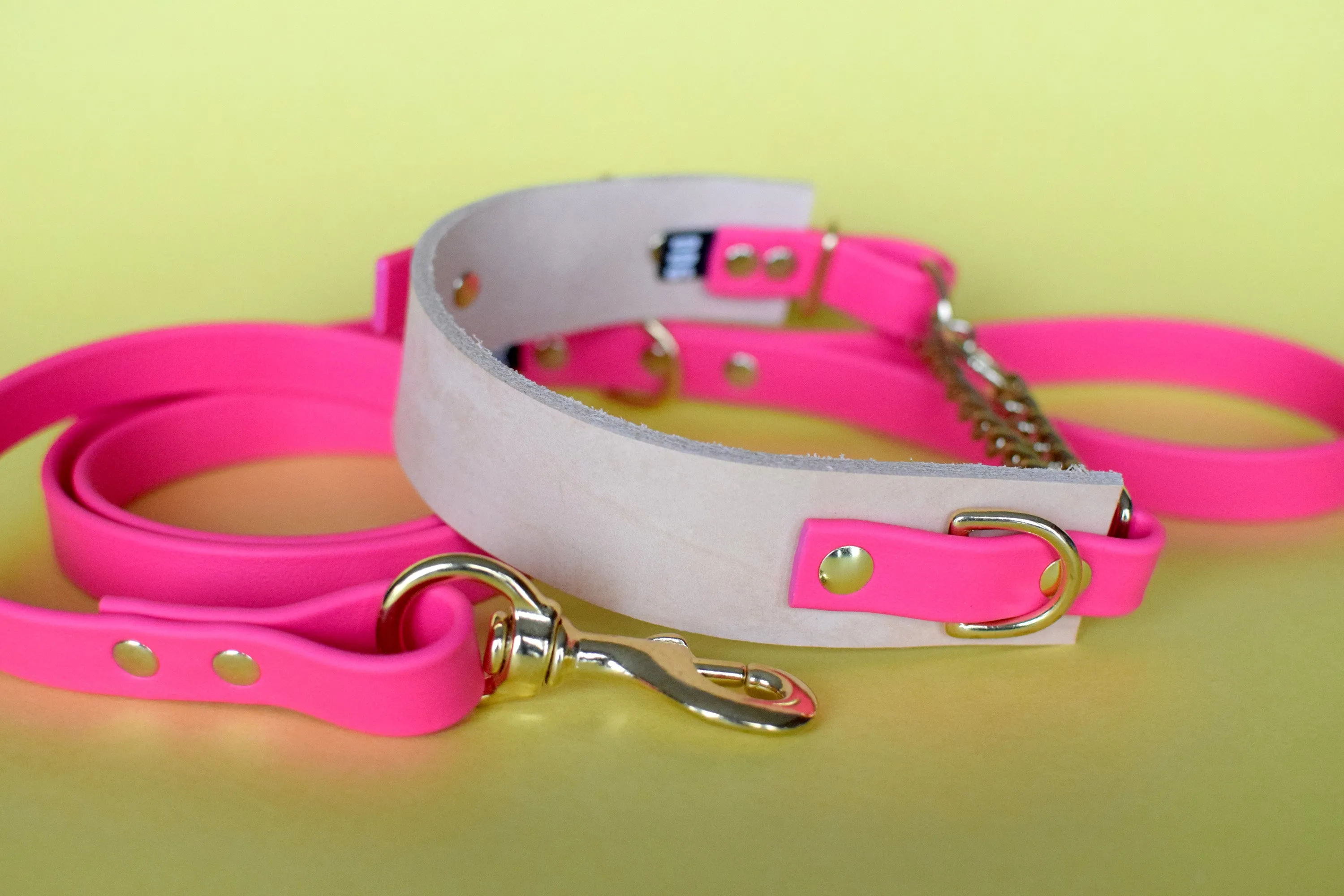 EXCLUSIVE LEATHER COLLECTION - Natural Tan & Fuchsia, Limited Edition Biothane and Leather Combo Martingale Dog Collar