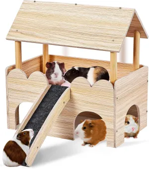 Guinea Pig Castle, Wooden Multi-Functional Pet House for Guinea Pig Hideout & Guinea Pig House with Ladder, Small Animal House Bed for Guinea Pigs, Chinchillas, Hedgehogs. Ideal Hideaway