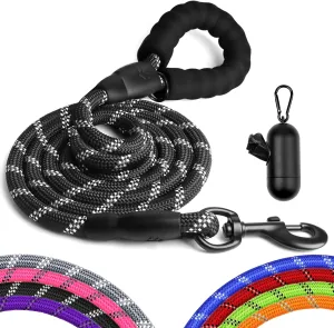 Heavy Duty Dog Leash for Large Medium Small Breed Dogs, Reflective Rope Dog leashes with Comfortable Handle,4/5/6 FT Pet Puppy Leash for Night Walking with Poop Bag Holder,Black,1/2 inch