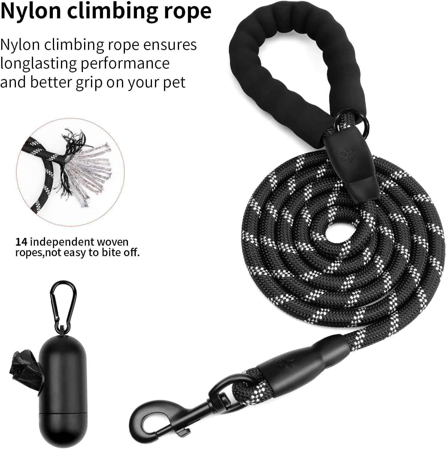 Heavy Duty Dog Leash for Large Medium Small Breed Dogs, Reflective Rope Dog leashes with Comfortable Handle,4/5/6 FT Pet Puppy Leash for Night Walking with Poop Bag Holder,Black,1/2 inch