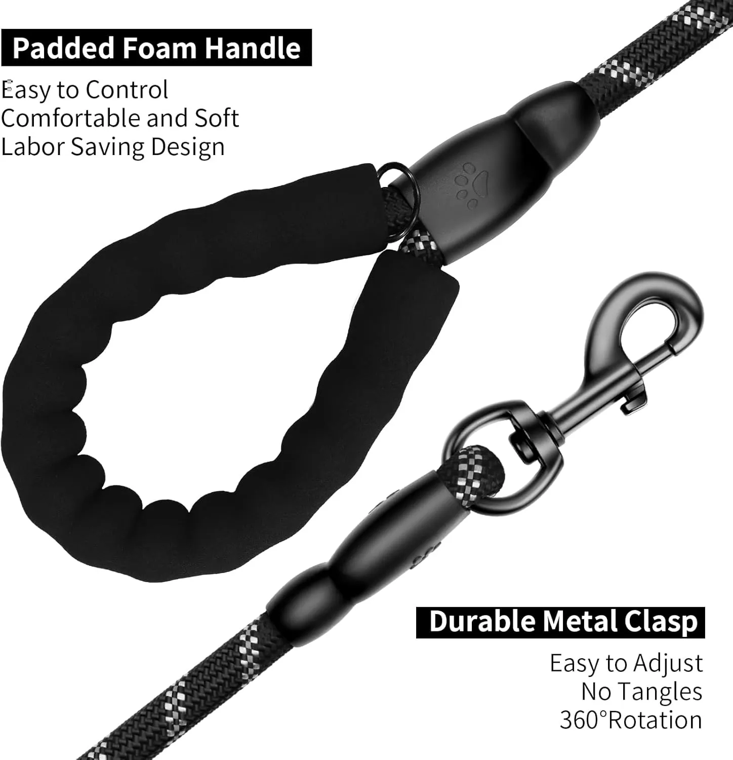 Heavy Duty Dog Leash for Large Medium Small Breed Dogs, Reflective Rope Dog leashes with Comfortable Handle,4/5/6 FT Pet Puppy Leash for Night Walking with Poop Bag Holder,Black,1/2 inch