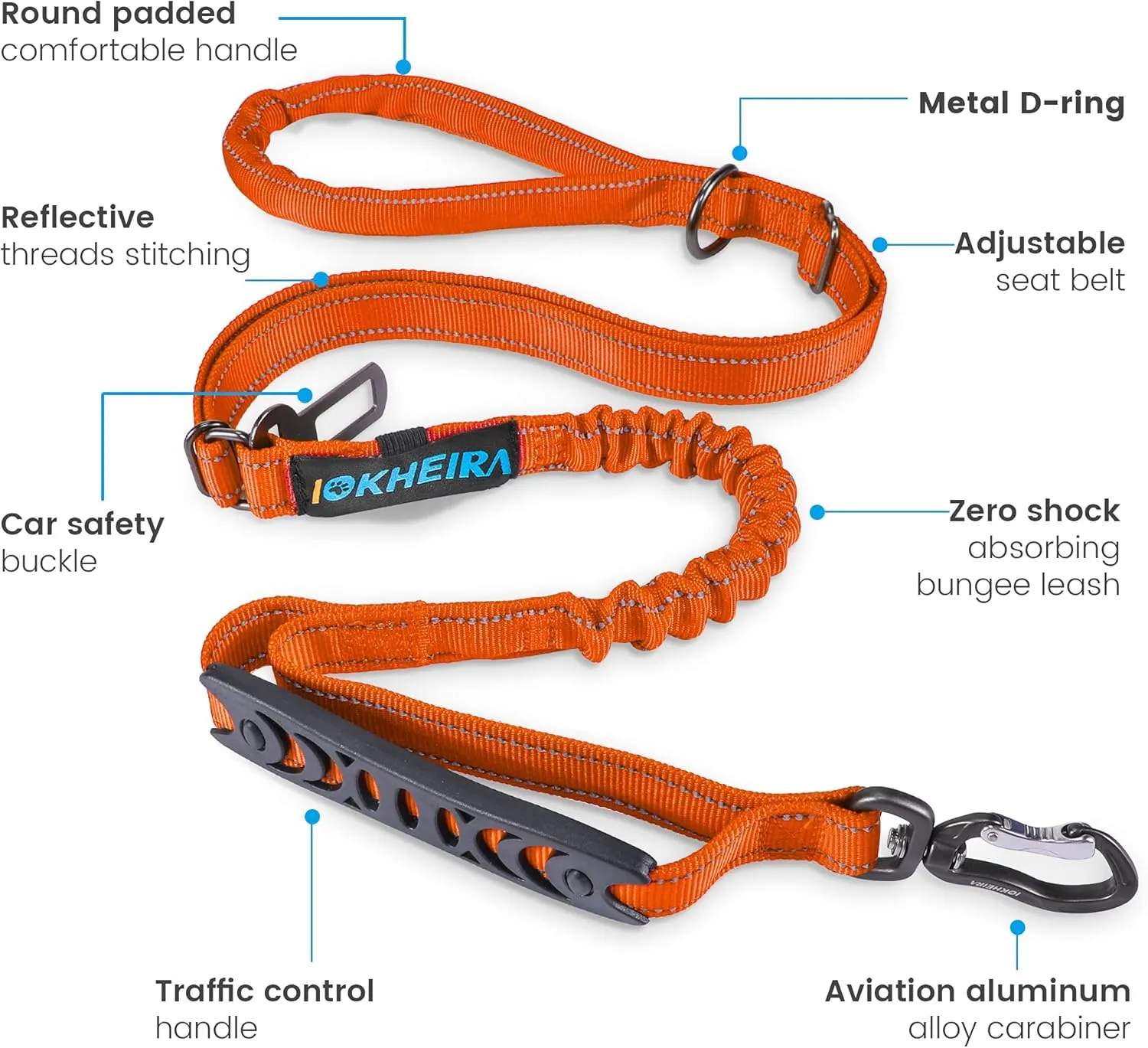 IOKHEIRA Orange Leash for Large Dogs, Multifunctional Adjustable Heavy Duty Leash