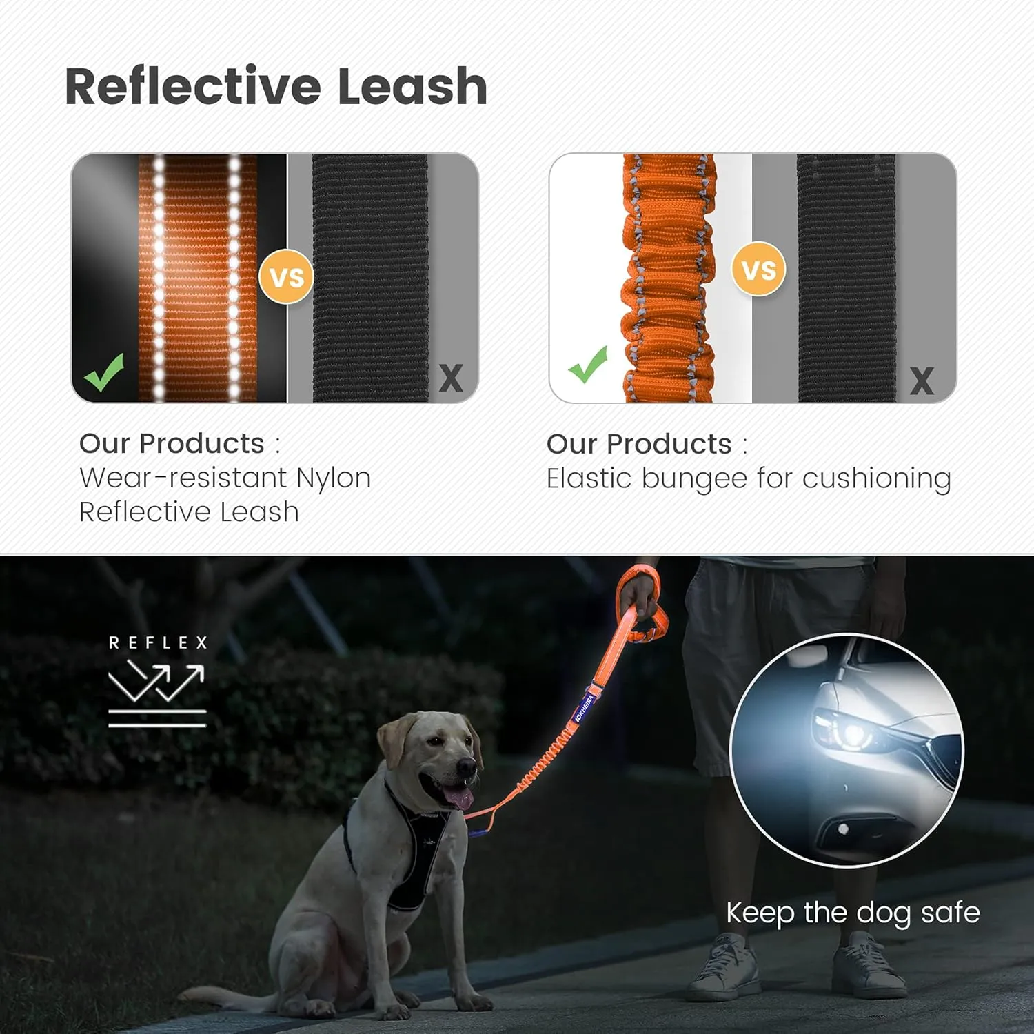 IOKHEIRA Orange Leash for Large Dogs, Multifunctional Adjustable Heavy Duty Leash