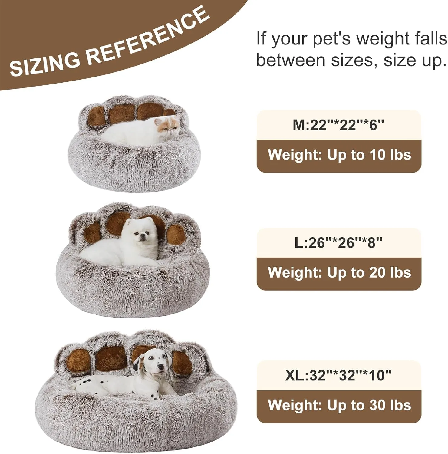 Jiupety Paw Shape Calming Pet Bed, Plush Faux Fur Donut Bed for Dogs & Cats, Machine Washable, Non-Slip Bottom, Medium (22"22"6"), Gray