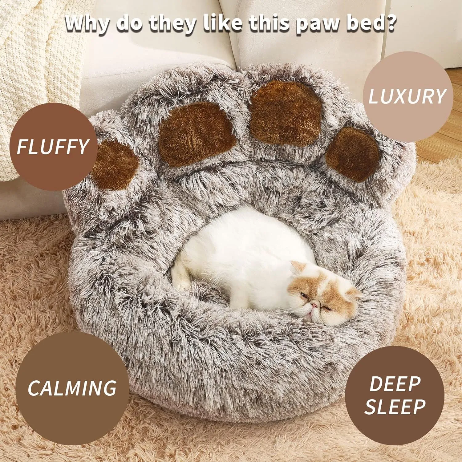 Jiupety Paw Shape Calming Pet Bed, Plush Faux Fur Donut Bed for Dogs & Cats, Machine Washable, Non-Slip Bottom, Medium (22"22"6"), Gray