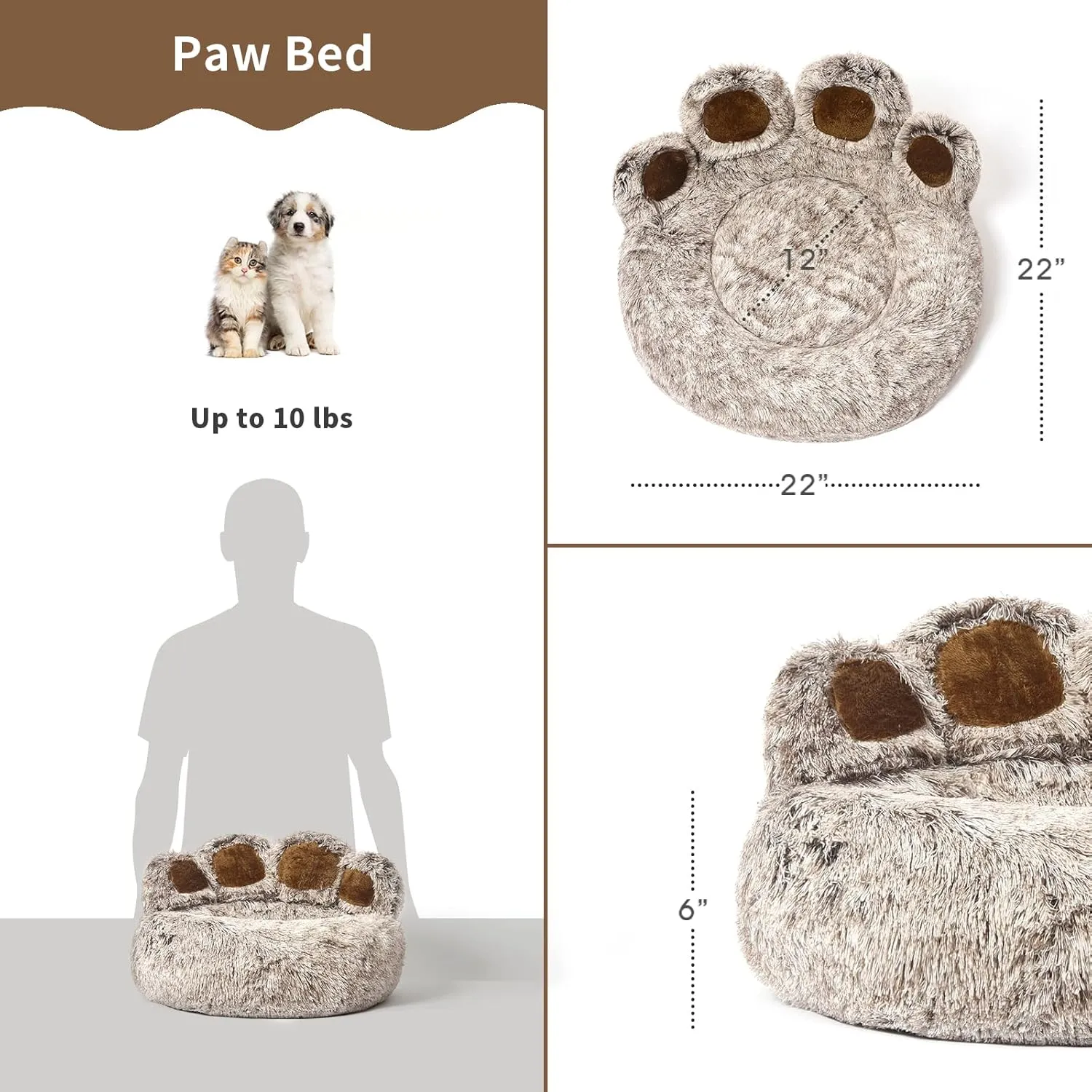Jiupety Paw Shape Calming Pet Bed, Plush Faux Fur Donut Bed for Dogs & Cats, Machine Washable, Non-Slip Bottom, Medium (22"22"6"), Gray
