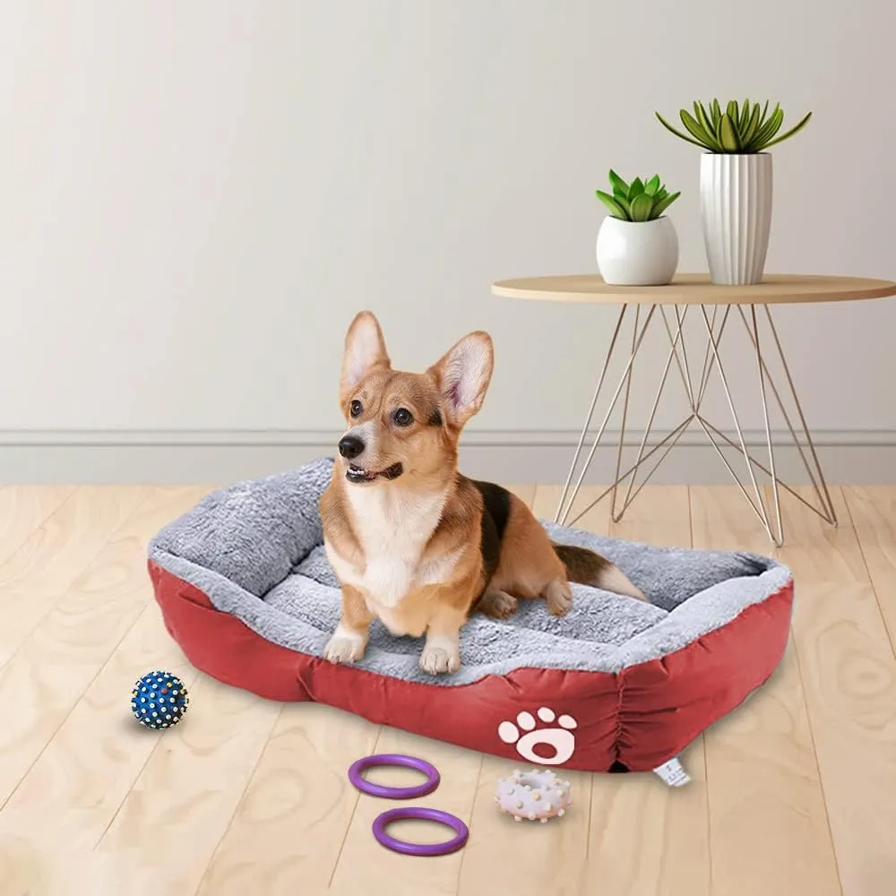 Kuber Industries Dog & Cat Bed|Super Soft Plush Top Pet Bed|Oxford Cloth Polyester Filling|Machine Washable Dog Bed|Rectangular Cat Bed with Rise-Edge Pillow|QY036R-S|Red (Pack of 5)