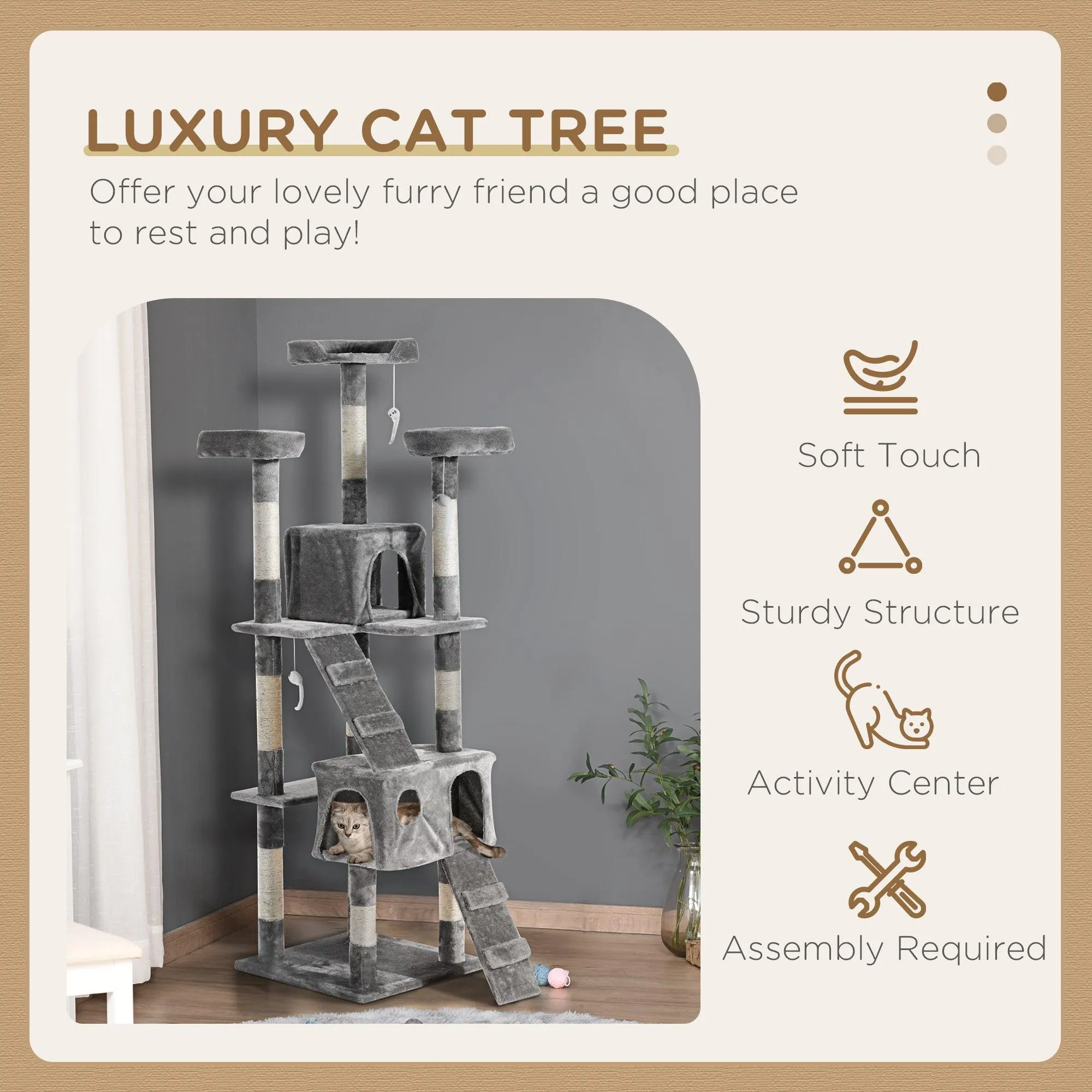 Multilevel Cat Tree Tower for Scratching, Climbing, 170cm - Grey