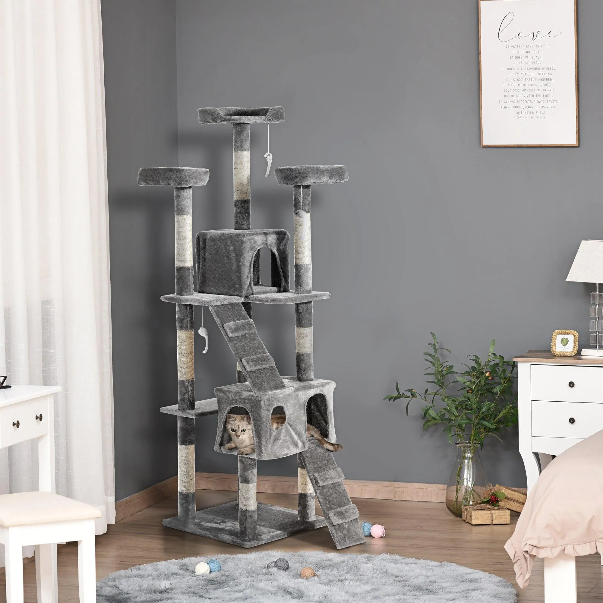 Multilevel Cat Tree Tower for Scratching, Climbing, 170cm - Grey