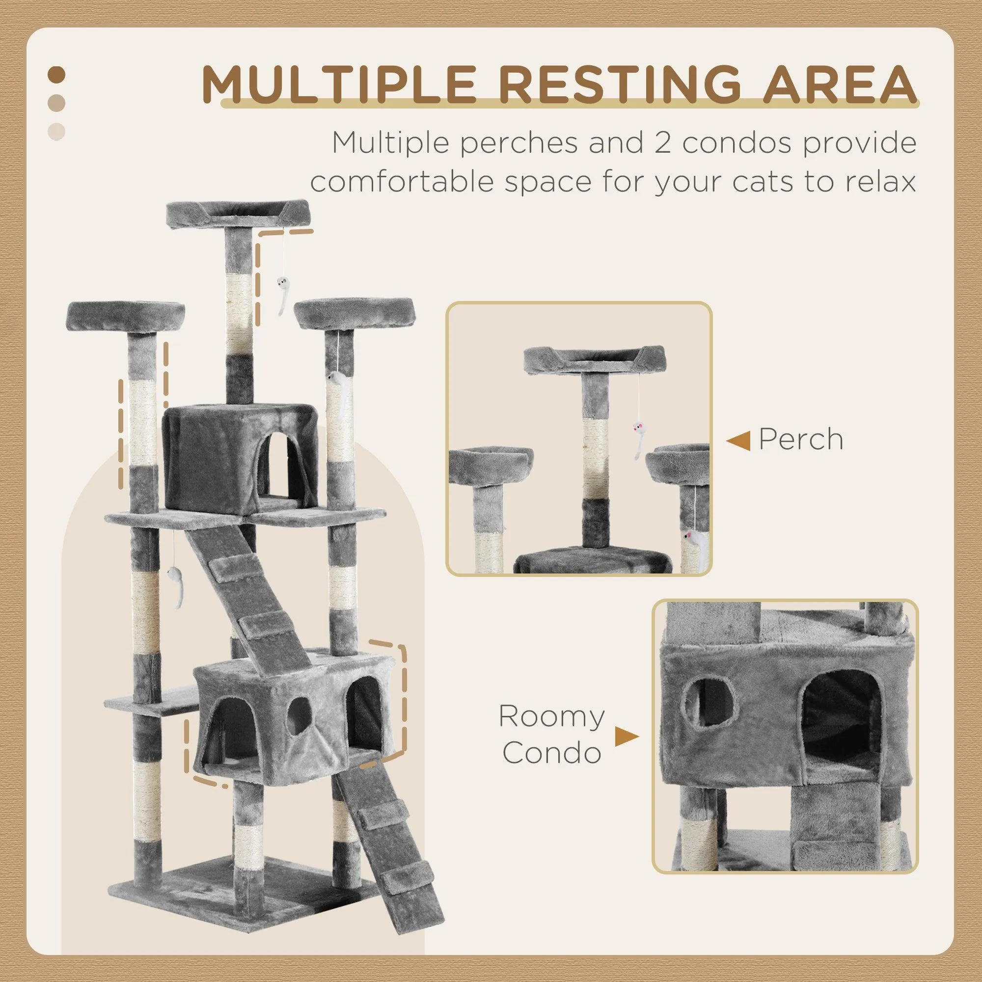 Multilevel Cat Tree Tower for Scratching, Climbing, 170cm - Grey