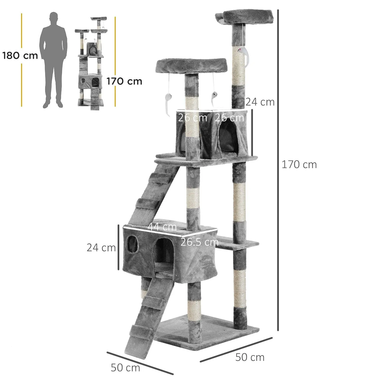 Multilevel Cat Tree Tower for Scratching, Climbing, 170cm - Grey
