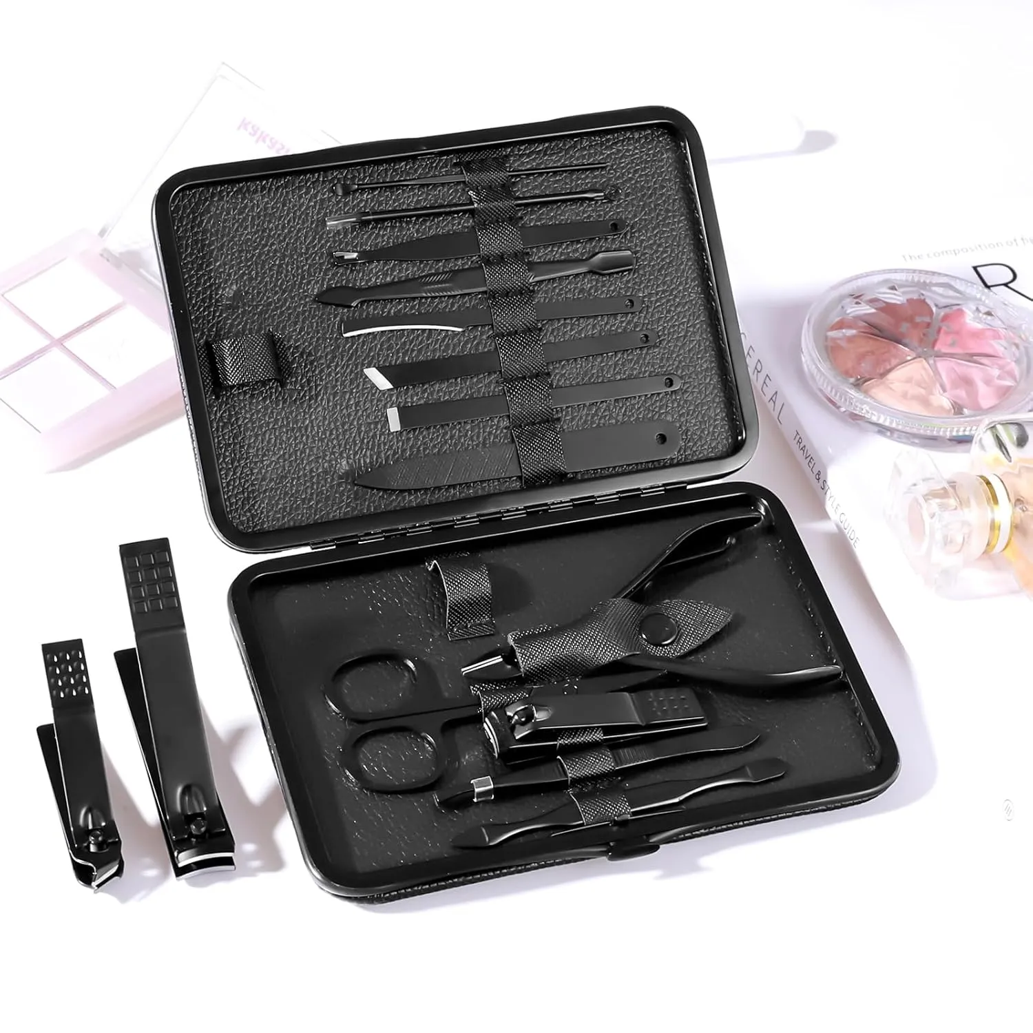 Nail Clippers Sets High Precisio Stainless Steel Nail Cutter Pedicure Kit Nail File Sharp Nail Scissors and Clipper Manicure Kit Fingernails & Toenails with Portable Stylish case (Black)