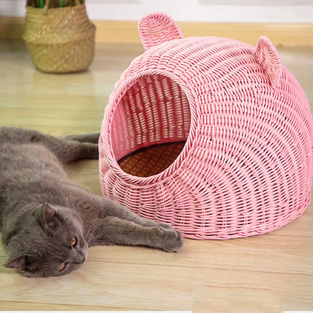 PAWS ASIA Factory Imitated Rattan Summer  Washable Handmade Woven Cat Bed Cave Dog Kennel With Cushion