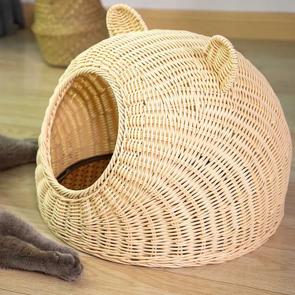 PAWS ASIA Factory Imitated Rattan Summer  Washable Handmade Woven Cat Bed Cave Dog Kennel With Cushion