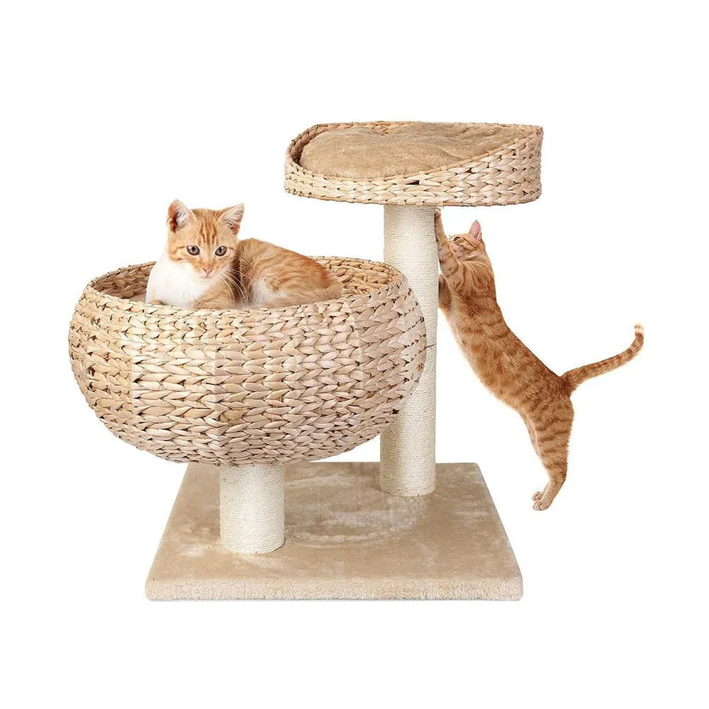 PAWS ASIA Suppliers Deluxe Rattan Cat Bed Tree With Natural Sisal Scratching