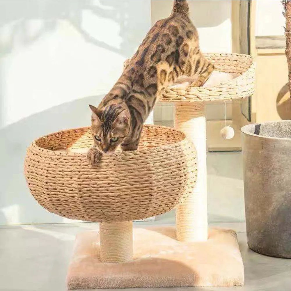 PAWS ASIA Suppliers Deluxe Rattan Cat Bed Tree With Natural Sisal Scratching