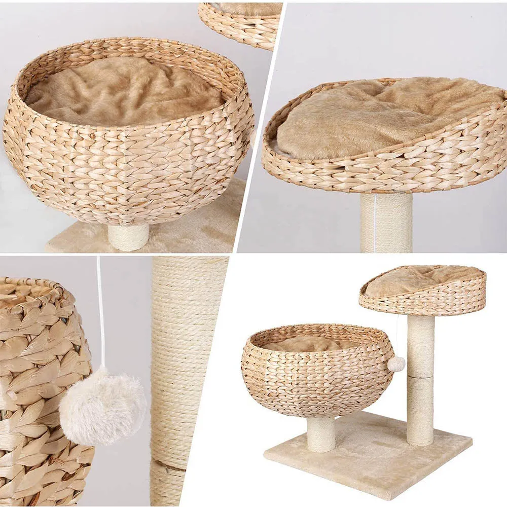 PAWS ASIA Suppliers Deluxe Rattan Cat Bed Tree With Natural Sisal Scratching