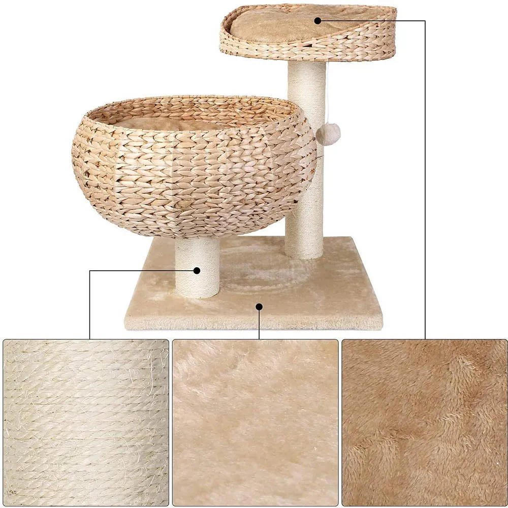PAWS ASIA Suppliers Deluxe Rattan Cat Bed Tree With Natural Sisal Scratching