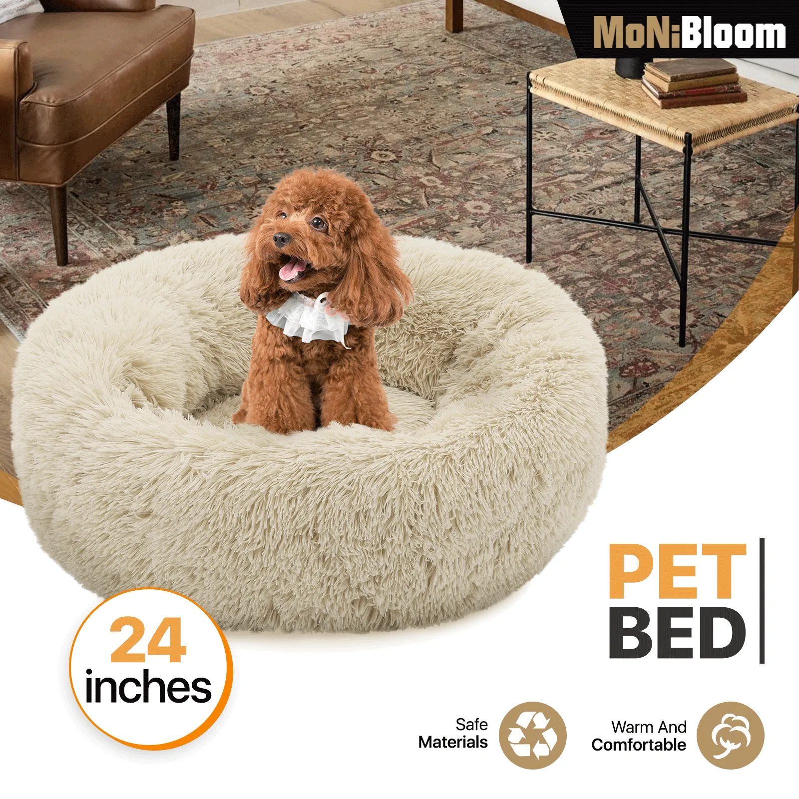 Pet Bed - Round - 24'' Diameter - Long Plush - Machine Washable
