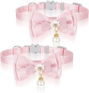 Pink Cat Collar Breakaway Cat Collar with Bowtie and Flower,Cat Collars for Girl Cats,Cute Soft Pearl Cat Collar Adjustable Cat Collar