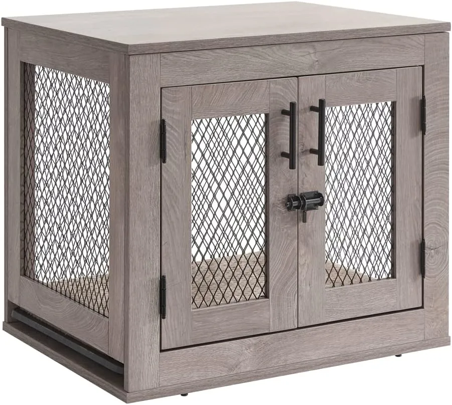 unipaws Dog Crate Furniture, Wooden Dog Kennel for Small Breed, Indoor Decorative Wood Dog Cage, Inside Side End Table Crate with Tray and Dog Bed for Puppy, Cats, Min Pigs, Rabbit, Up to 25 lbs