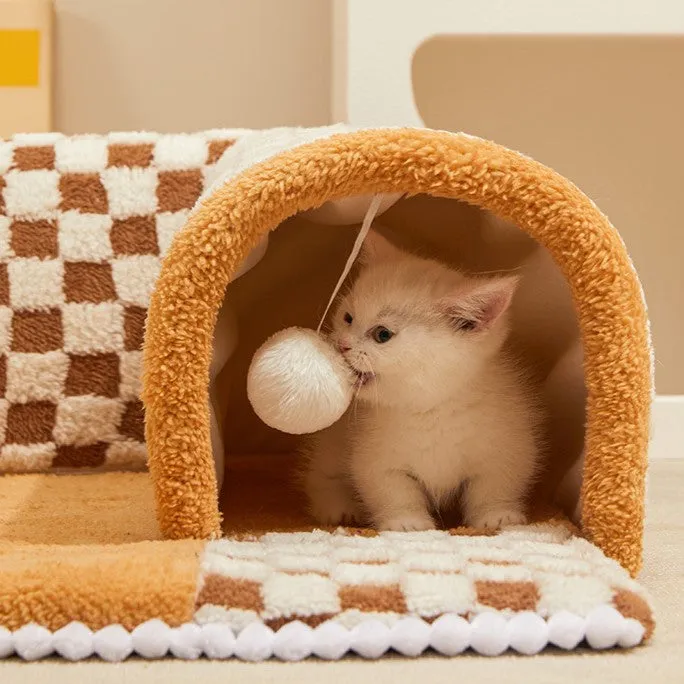 Versatile Pet Bed with Plush Plaid Tunnel