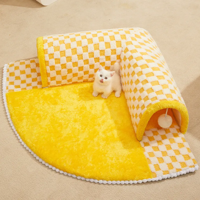 Versatile Pet Bed with Plush Plaid Tunnel