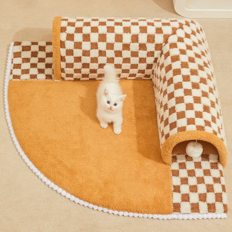 Versatile Pet Bed with Plush Plaid Tunnel